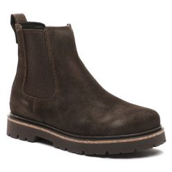 Sztyblety Birkenstock. Brązowe botki Birkenstock, bez wzorów, bez obcasa, na płaskiej podeszwie, bez zapięcia. Za 619.99 zł.