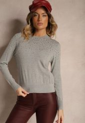 Szary Casualowy Sweter z Wiskozą z Ozdobnymi Detalami z Cyrkonii Edaloriae. Szare swetry Renee, m, bez wzorów, z wiskozy, bez ramiączek. Za 99.99 zł.