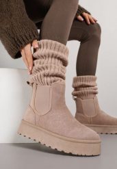 Ciemnobeżowe Śniegowce na Grubej Podeszwie w Stylu Sztybletów Avrenna. Brązowe trapery i śniegowce Born2be, z jeansu. Za 89.99 zł.