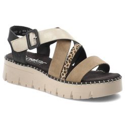 Sandały damskie Rieker, cholewka ze skóry ekologicznej z ozdobnymi paskami i motywem zwierzęcym regulowane zapięcie na sprzączkę, multi, V1063-90. Brązowe sandały Rieker, bez wzorów, ze skóry ekologicznej, eleganckie, bez obcasa, na platformie, bez zapięcia. Za 287.90 zł.