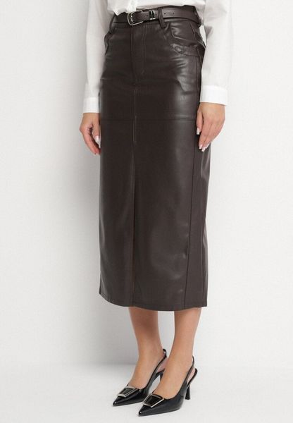 Ciemnobrązowa Długa Spódnica High Waist z Imitacji Skóry z Dodatkowym Paskiem i Rozcięciem Wyneti. Brązowe spódnice Born2be, na co dzień, l, bez wzorów, ze skóry, eleganckie, maxi, koszulowe. Za 129.99 zł.