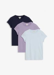 T-shirt (3 szt.). Fioletowe t-shirty bonprix, bez wzorów, bez kołnierzyka, bez ramiączek. Za 94.99 zł.