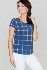 Niebieska Bluzka w Kratę z Krótkim Rękawem. Niebieskie bluzki Katrus, m, bez wzorów, bez kołnierzyka, bez ramiączek. Za 159.00 zł.