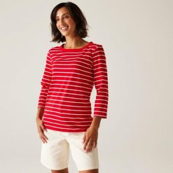 Koszulka do chodzenia z rękawem 3/4 damska Bayletta II. Czerwone bluzki Regatta, bez wzorów, z tkaniny, sportowe, bez kołnierzyka, bez ramiączek. W wyprzedaży za 111.50 zł.