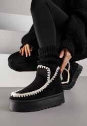 Czarne Śniegowce na Grubej Podeszwie z Haftem Maretusa. Czarne trapery i śniegowce Born2be, z jeansu. Za 79.99 zł.