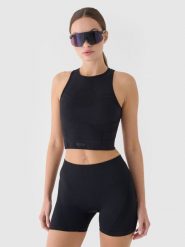 4F Crop top treningowy slim szybkoschnący damski - czarny XS/S. Czarne koszulki sportowe 4f, bez wzorów, z dzianiny, bez ramiączek, na fitness i siłownię. Za 49.99 zł.
