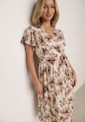 Beżowo-Pomarańczowa Kopertowa Sukienka w Kwiaty z Wiązanym Paskiem i Brokatem Hilingea. Brązowe sukienki Born2be, do pracy, l, z aplikacjami, biznesowe, bez kołnierzyka, bez ramiączek, midi, dopasowane. Za 119.99 zł.