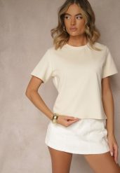 Beżowy Klasyczny T-shirt z Grubszej Bawełny Tiavone. Brązowe t-shirty Renee, m, bez wzorów, z bawełny, bez kołnierzyka, bez ramiączek. Za 54.99 zł.