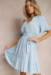Niebieska Rozkloszowana Sukienka Wiskozowa Mini w Kwiatowy Print z Falbanką Taelle. Niebieskie sukienki Renee, m, bez wzorów, z wiskozy, bez kołnierzyka, bez ramiączek, mini, rozkloszowane. Za 54.99 zł.