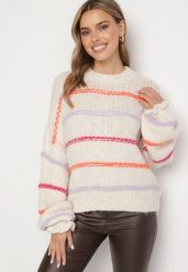 Jasnobeżowy Sweter Przeplatany Kolorowymi Nitkami z Domieszką Wełny Romirya. Brązowe swetry Born2be, uniwersalny, bez wzorów, z wełny, bez ramiączek. Za 169.99 zł.