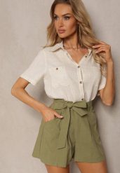 Zielone Casualowe Szorty w Stylu Bermudów z Bawełny z Materiałowym Paskiem i Wszytą z Tyłu Gumką Lovanara. Zielone szorty Renee, bez wzorów, z bawełny, eleganckie. Za 59.99 zł.