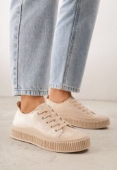 Beżowe Trampki z Imitacji Zamszu z Nieregularną Podeszwą ze Żłobieniami Naranatea. Brązowe trampki Born2be, bez wzorów, z jeansu, bez zapięcia. Za 69.99 zł.