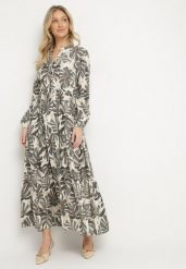 Beżowo-Szara Sukienka z Wiskozą o Rozkloszowanym Kroju z Motywem Roślinnym Edionilira. Brązowe sukienki Born2be, na spacer, l, bez wzorów, z wiskozy, eleganckie, bez kołnierzyka, bez ramiączek, maxi, rozkloszowane. Za 129.99 zł.