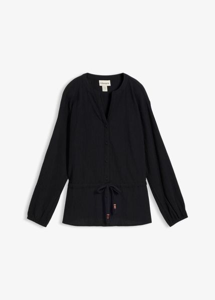 Bluzka ze strukturalnej krepy. Czarne bluzki bonprix, bez wzorów, bez kołnierzyka, bez ramiączek. Za 54.99 zł.