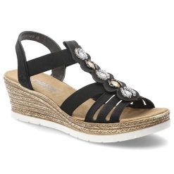 Sandały damskie Rieker, cholewka z materiału tekstylnego i skóry ekologicznej z ozdobnymi aplikacjami, czarne, 619B2-00. Czarne sandały Rieker, z aplikacjami, ze skóry ekologicznej, bez obcasa, na koturnie, bez zapięcia. Za 319.00 zł.