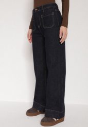Granatowe Jeansy z Bawełną o Szerokim Kroju z Wysokim Stanem i Ozdobnymi Kieszeniami Adelsala. Niebieskie jeansy Born2be, l, bez wzorów, z podwyższonym stanem. Za 99.99 zł.