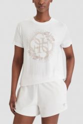 GUESS Biały damski t-shirt na krótki rękaw z cyrkoniami Corinne, Rozmiar XS. Białe t-shirty Guess, xs, z aplikacjami, bez kołnierzyka, bez ramiączek. W wyprzedaży za 109.99 zł.