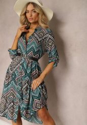 Czarno-Niebieska Koszulowa Sukienka z Bawełnianej Tkaniny z Mozaikowym Wzorem Tesahina. Czarne sukienki Renee, na spotkanie biznesowe, l, bez wzorów, z bawełny, boho, bez kołnierzyka, bez ramiączek, midi, dopasowane. Za 54.99 zł.