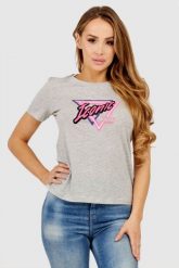 GUESS Szary t-shirt damski iconic, Rozmiar XS. Szare t-shirty Guess, s, z aplikacjami, bez kołnierzyka, bez ramiączek. W wyprzedaży za 119.99 zł.