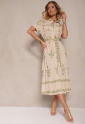 Beżowa Koszulowa Sukienka z Wiskozy Ozdobiona Paskiem i Haftem Divirea. Brązowe sukienki Renee, na co dzień, l, z aplikacjami, z materiału, eleganckie, bez kołnierzyka, bez ramiączek, midi, koszulowe. W wyprzedaży za 103.99 zł.