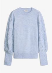Sweter w ażurowy wzór. Niebieskie swetry bonprix, w ażurowe wzory, bez ramiączek. Za 117.99 zł.