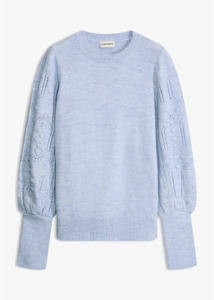 Sweter w ażurowy wzór. Niebieskie swetry bonprix, w ażurowe wzory, bez ramiączek. Za 117.99 zł.