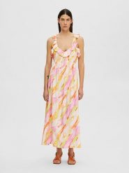 SELECTED FEMME Sukienka w kolorze jasnoróżowo-żółtym rozmiar: 36. Różowe sukienki Selected Femme, na co dzień, s, bez wzorów, z wiskozy, klasyczne, bez kołnierzyka, bez ramiączek, maxi, proste. Za 117.45 zł.