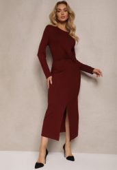 Bordowa Sukienka z Ozdobnym Wycięciem i Wiązaniem Zeiini. Czerwone sukienki Renee, na co dzień, m, bez wzorów, eleganckie, bez kołnierzyka, bez ramiączek, maxi, proste. Za 149.99 zł.