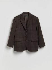 Jednorzędowa marynarka w kratę - ciemnobrązowy. Brązowe marynarki i żakiety Reserved, l, bez wzorów, z tkaniny. Za 259.99 zł.