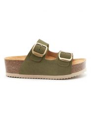 Mandel Skórzane klapki w kolorze khaki rozmiar: 37. Brązowe klapki Mandel, bez wzorów, ze skóry, z otwartym noskiem, bez obcasa, na platformie. Za 171.68 zł.