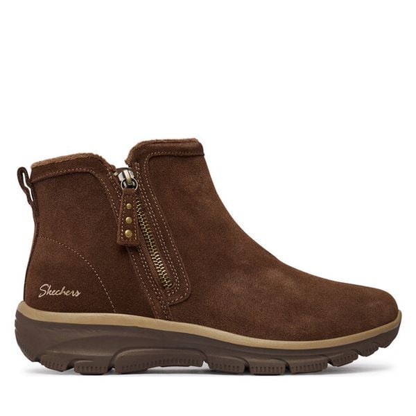 Botki Skechers. Brązowe botki Skechers, bez wzorów, bez obcasa, na płaskiej podeszwie, bez zapięcia. Za 399.99 zł.