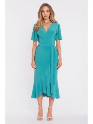Made of emotion Sukienka w kolorze turkusowym rozmiar: M. Niebieskie sukienki Made Of Emotion, m, bez wzorów, bez kołnierzyka, bez ramiączek, midi, kopertowe. Za 234.99 zł.