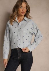 Niebieska Koszula z Bawełny w Serduszka i Drobne Paseczki Fenimalla. Niebieskie koszule Renee, l, bez wzorów, z bawełny, eleganckie, bez kołnierzyka, bez ramiączek. Za 109.99 zł.