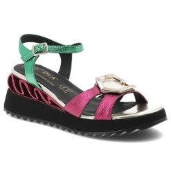 Sandały damskie S.Barski, na masywnej platformie z kolorowymi metalicznymi paskami i regulowanym zapięciem przy kostce efektowna klamra, różowe, CR61. Czerwone sandały S.BARSKI, bez wzorów, bez obcasa, na koturnie, bez zapięcia. Za 289.00 zł.