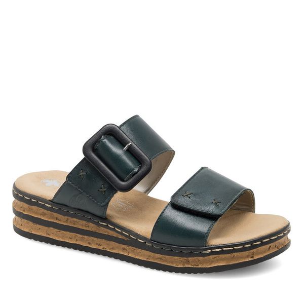 Klapki Rieker. Niebieskie klapki Rieker, bez wzorów, bez obcasa. Za 299.99 zł.