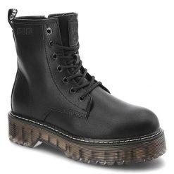 Glany damskie Big Star, cholewka ze skóry ekologicznej z wysoką cholewką i klasycznym sznurowaniem masywna podeszwa, KK274537,. Czarne botki Big Star, na jesień, z aplikacjami, ze skóry ekologicznej, przed kolano, bez obcasa, na płaskiej podeszwie, bez zapięcia. Za 229.99 zł.