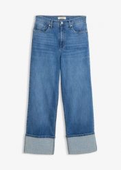 Dżinsy straight, high waist z podwiniętymi nogawkami. Niebieskie jeansy bonprix, bez wzorów, z podwyższonym stanem. Za 219.99 zł.