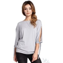 Bluzka rozcięte rękawy bee-036. Szare bluzki BEE, m, bez wzorów, z jeansu, bez kołnierzyka, bez ramiączek. Za 109.90 zł.