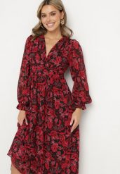 Bordowa Maxi Sukienka z Kopertowym Dekoltem w Modny Print Ceconna. Czerwone sukienki Born2be, m, bez wzorów, bez kołnierzyka, bez ramiączek, maxi, kopertowe. Za 159.99 zł.