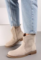 Beżowe Botki z Ażurową Cholewką i Skórzaną Wkładką Tinalei. Brązowe botki Born2be, w ażurowe wzory, z jeansu, bez obcasa, na płaskiej podeszwie, bez zapięcia. Za 159.99 zł.