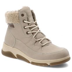 Botki damskie Rieker o sznurowanym fasonie z ocieplanym wnętrzem miękkim kołnierzem i lekką elastyczną podeszwą beżowe, L5603-60 Beige. Brązowe botki Rieker, na zimę, bez wzorów, z dzianiny, bez obcasa, bez zapięcia. Za 399.00 zł.