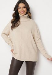 Beżowy Sweter z Golfem i Dodatkiem Kaszmiru Rorizia. Brązowe golfy Born2be, z aplikacjami, z jeansu, bez ramiączek. Za 99.99 zł.