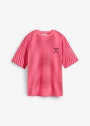 T-shirt w paski, z haftem. Czerwone t-shirty bonprix, bez wzorów, bez kołnierzyka, bez ramiączek. Za 59.99 zł.