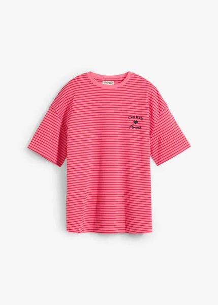 T-shirt w paski, z haftem. Czerwone t-shirty bonprix, bez wzorów, bez kołnierzyka, bez ramiączek. Za 59.99 zł.