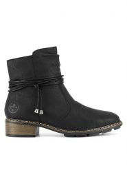 Rieker Botki 77263-00 Czarny. Czarne botki Rieker, bez wzorów, z materiału, bez obcasa, na płaskiej podeszwie, bez zapięcia. Za 339.99 zł.
