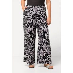 Damskie Spodnie palazzo szeroka nogawka roślinny nadruk elastyczny pas. Czarne spodnie dresowe Ulla Popken, plus size, bez wzorów, z dresówki. W wyprzedaży za 171.99 zł.