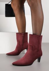 Bordowe Botki na Stożku z Imitacji Zamszu Avinella. Czerwone botki Renee, bez wzorów, bez obcasa, na obcasie, bez zapięcia. Za 129.99 zł.