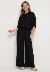 Czarny Wiskozowy Komplet Oversize Koszula z Krótkim Rękawem i Spodnie Dovilissea. Czarne koszule Born2be, m, bez wzorów, z wiskozy, eleganckie, bez kołnierzyka, bez ramiączek. Za 119.99 zł.