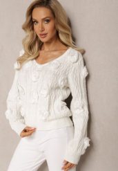 Biały Sweter z Aplikacjami w Kształcie Kwiatów z Cyrkoniami z Wełną Oraile. Białe swetry Renee, z aplikacjami, z wełny, bez ramiączek. Za 159.99 zł.