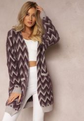 Ciemnofioletowy Niezapinany Kardigan o Przedłużonym Fasonie w Zygzaki Chevron Oherna. Fioletowe kardigany Renee, bez wzorów, z tkaniny. Za 99.99 zł.